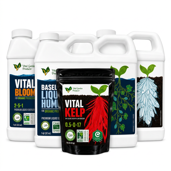 BIG Bundle with Vital Bloom, Vital Cal-Mag, Baseline Liquid Humus, Vital Kelp, and Vital Veg on a white background.