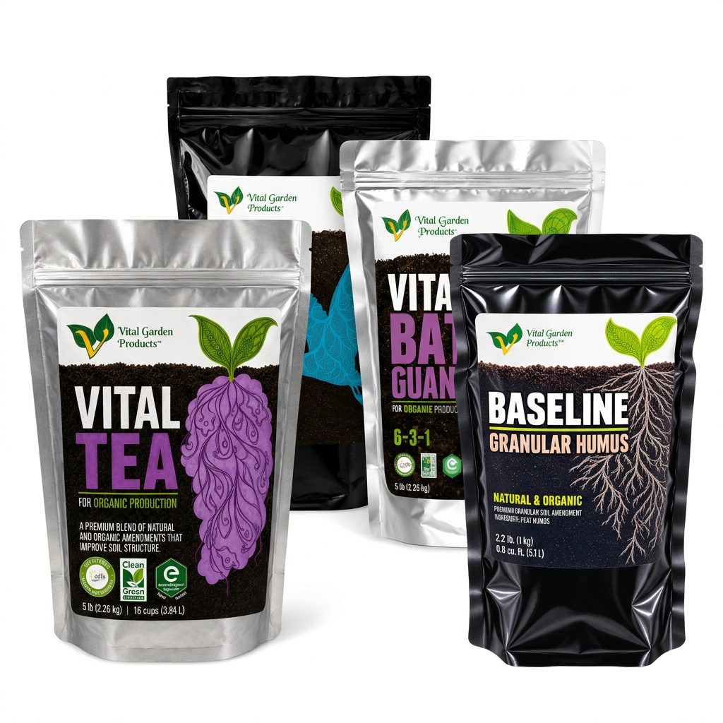 Indoor living soil recharge kit with Vital Bat Guano, Vital Bloom Powder, Vital Tea, and Baseline Granular Humus