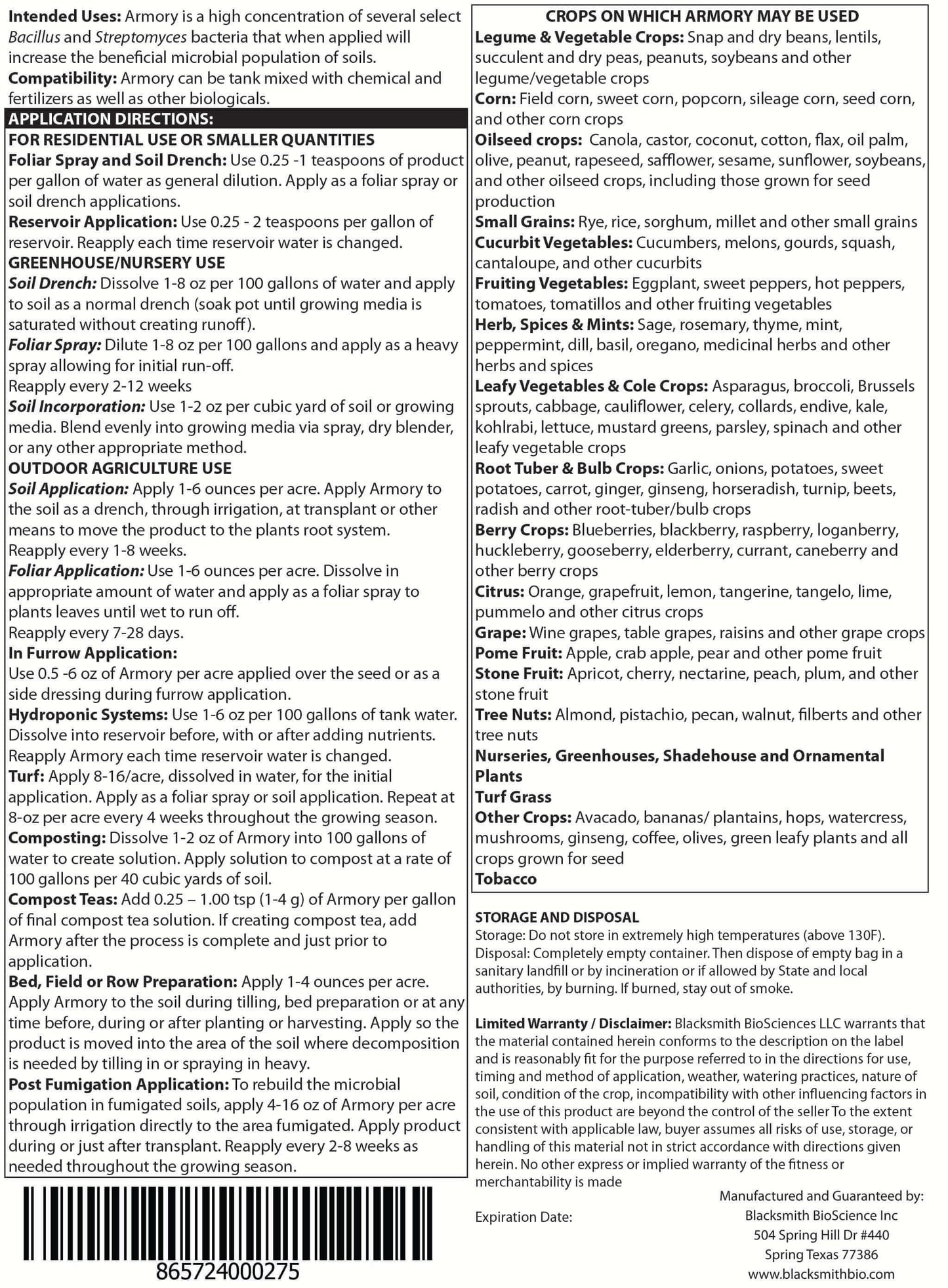 Blacksmith Bioscience Armory label back