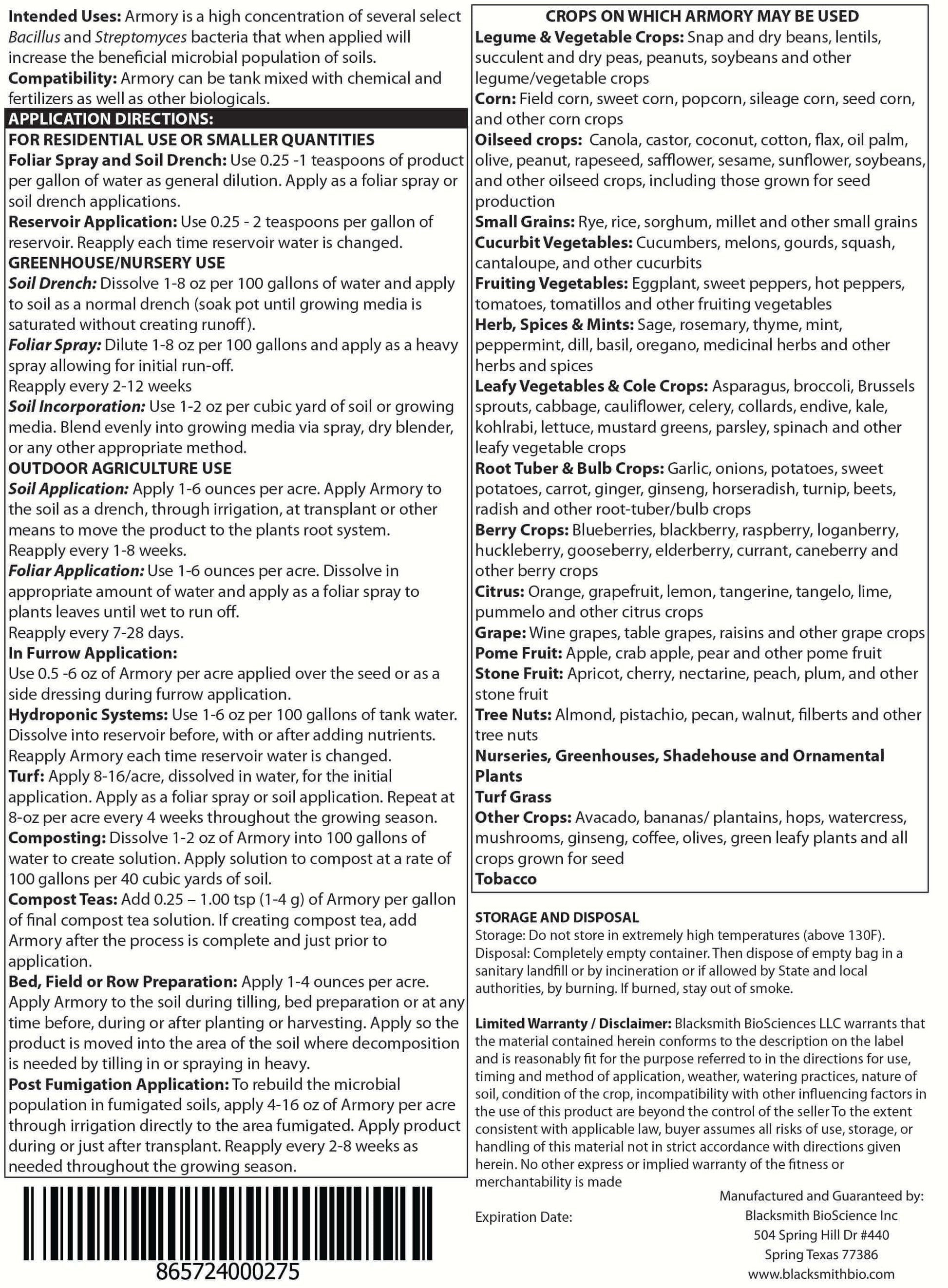 Blacksmith Bioscience Armory label back