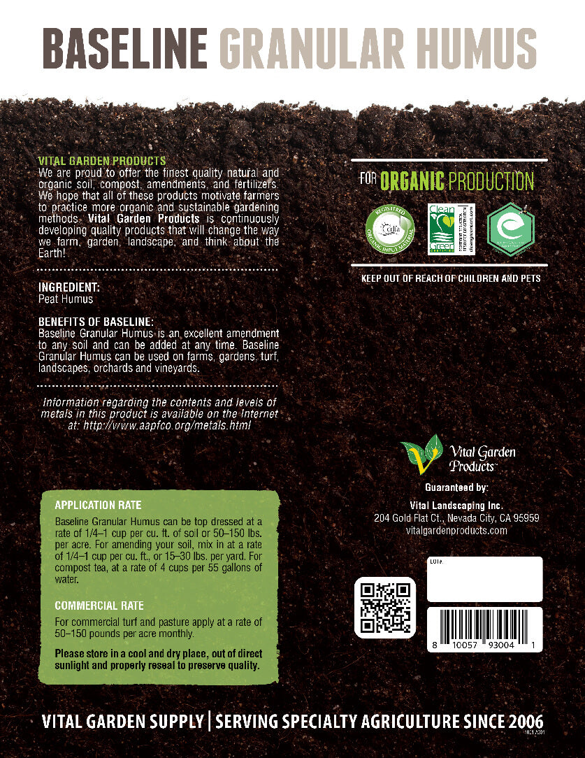 Vital Garden products Baseline Granular back label