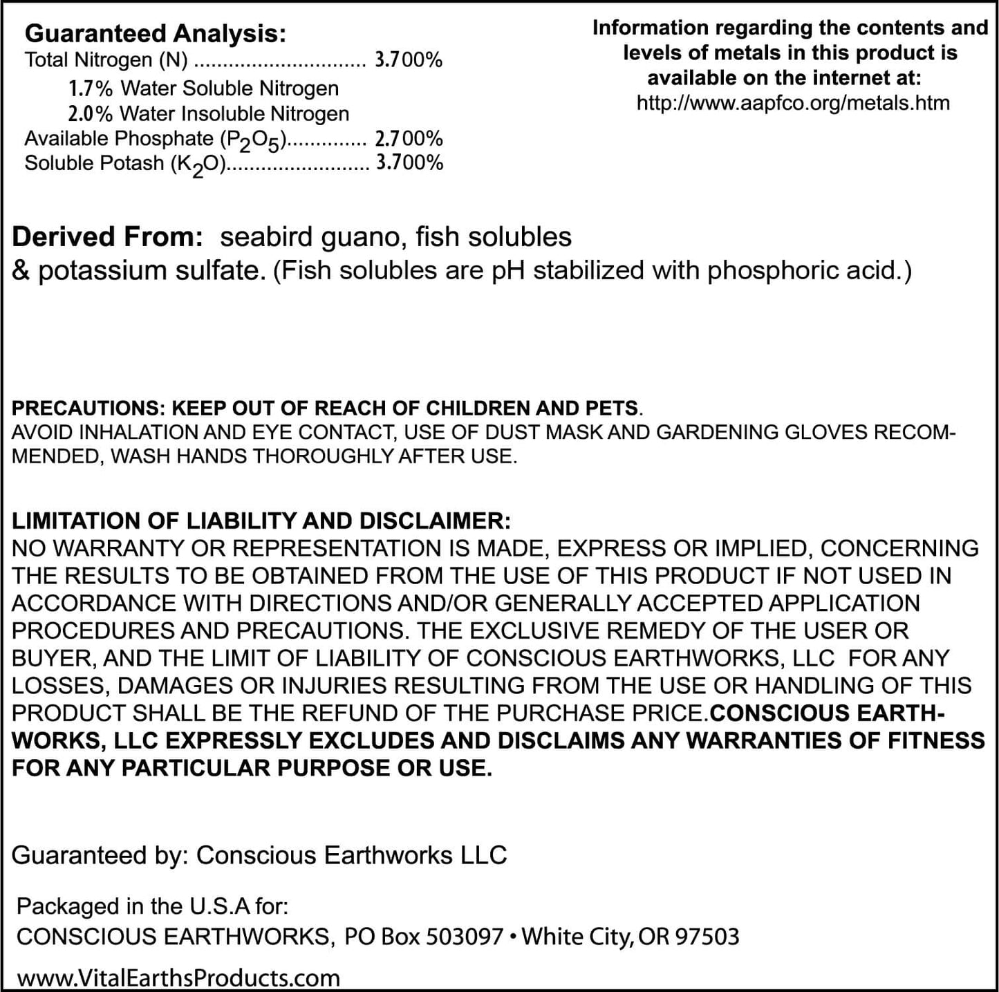 Vital Earth OG Liquid Grow 3.7-2.7-3.7 back label