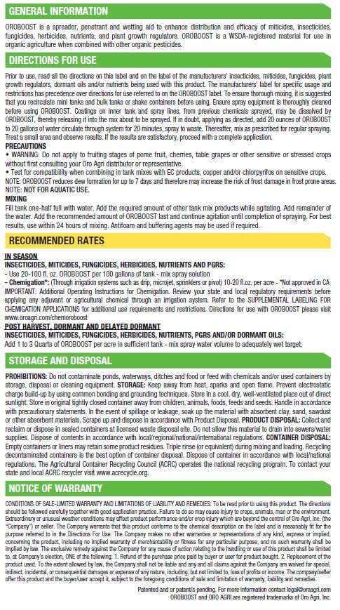Oro Agri Oroboost penetrant spreader wetting aid back label