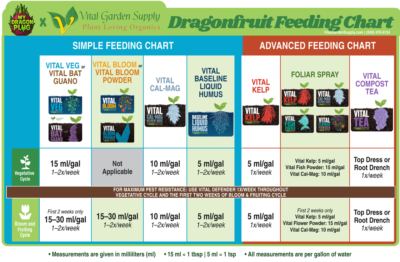 Dragonfruit feeding chart from Vital Garden Supply and My Dragon Plug